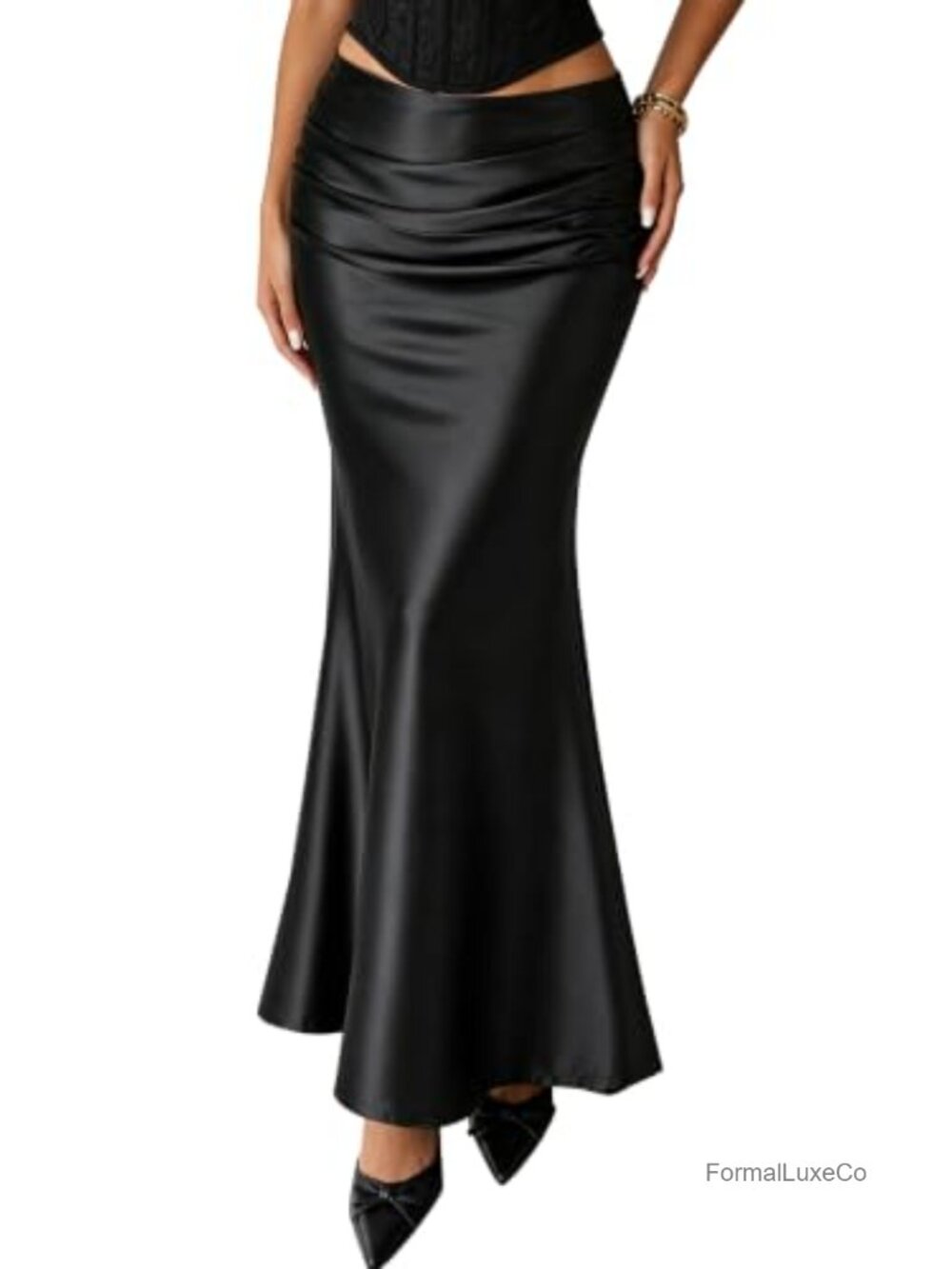 Satin Mermaid Maxi Skirt Ruched Waist Side Zipper Evening Formal